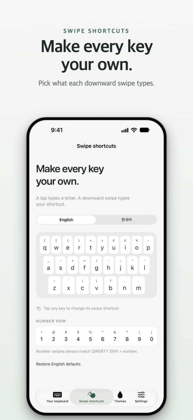 Number Keys Please swipe shortcut editor with separate English and Korean key mappings