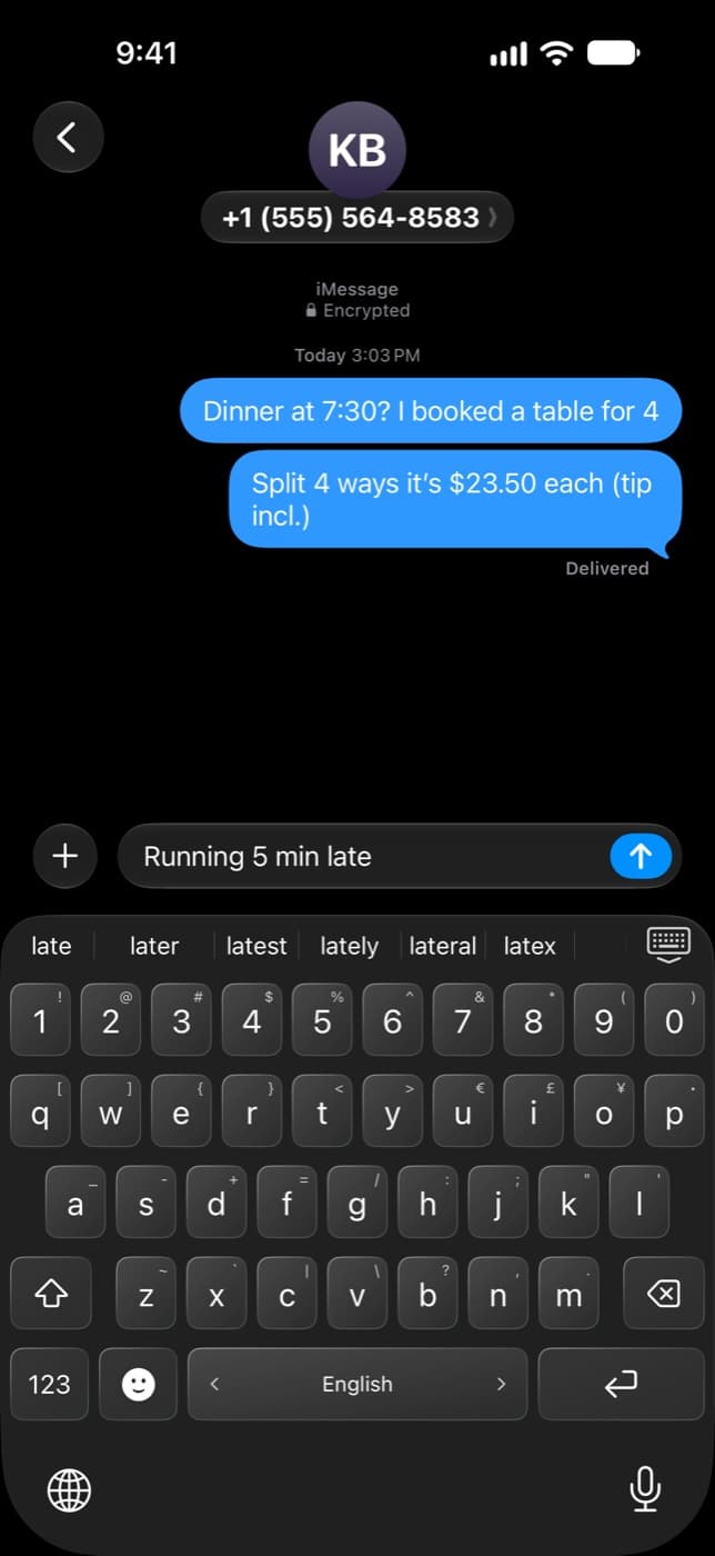 Number Keys Please in Messages, with the number row and swipe symbols visible