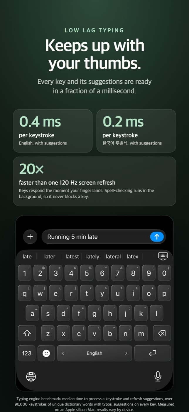 Number Keys Please low lag typing preview, with English and Korean engine benchmark results