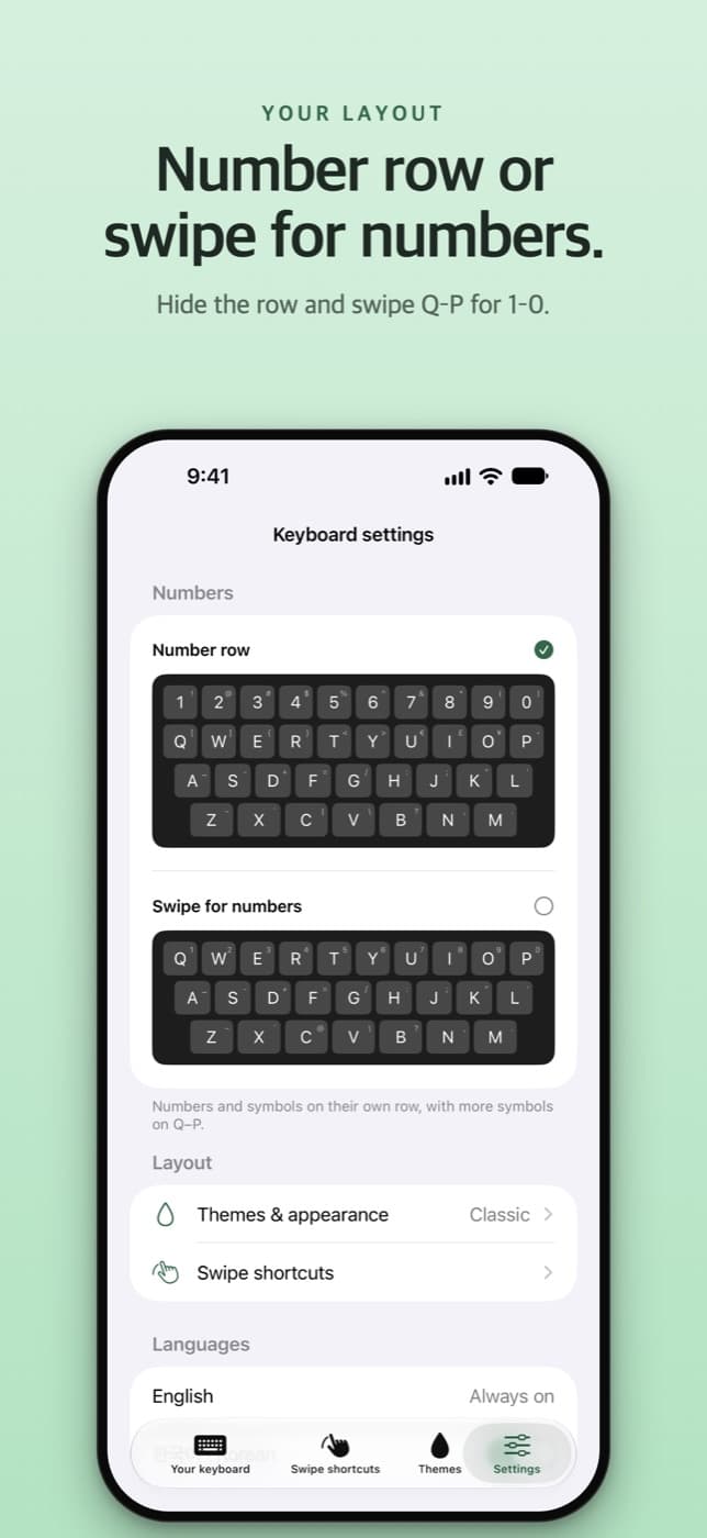 Number Keys Please settings with previews for Number row and Swipe for numbers
