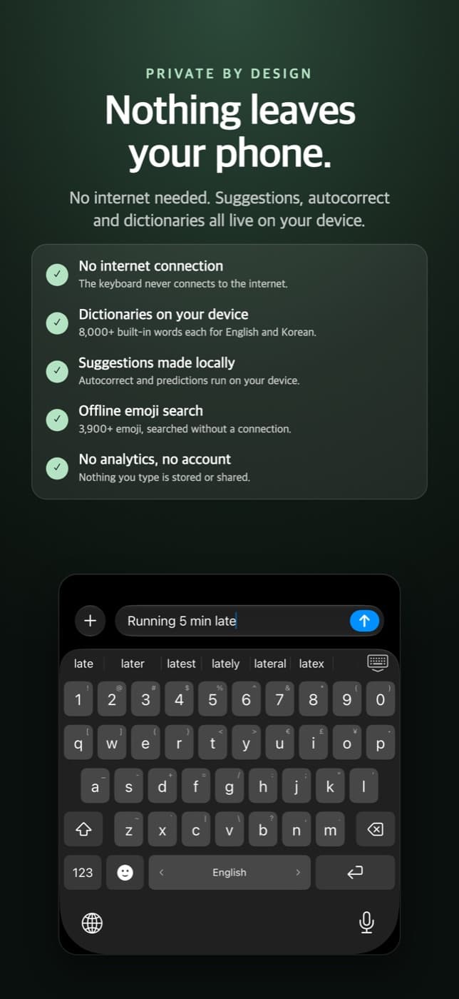 Number Keys Please privacy features: offline dictionaries, local suggestions and autocorrect, offline emoji search, and no analytics or account