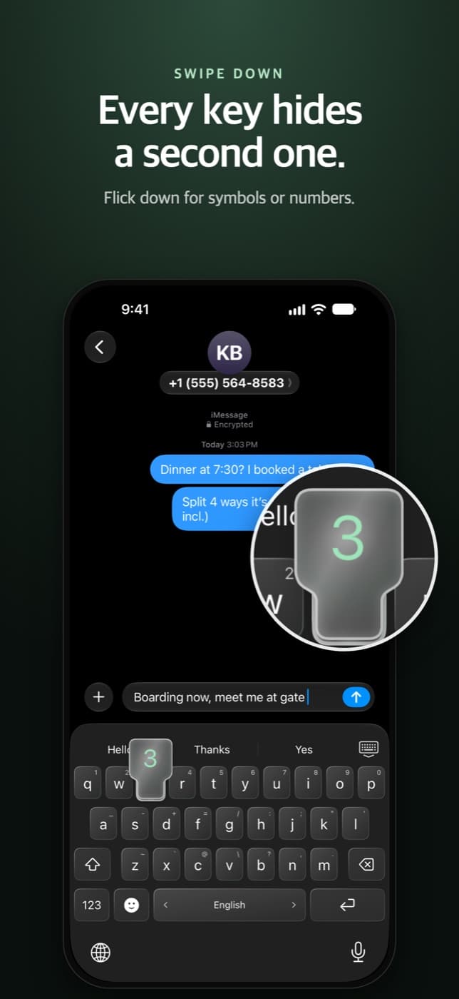 Swipe down on a key to enter its second character, shown on the Number Keys Please keyboard